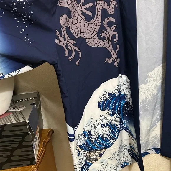 Navy Blue Kimono Jacket with Ocean Wave Design - Picture 4 of 10